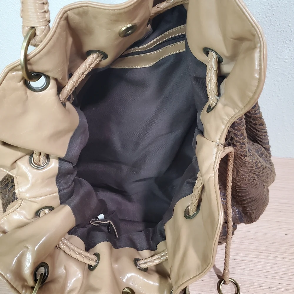 Brown Shoulder Pullstring Bag Soft Spacious Fabric Animal Pattern NWOT
